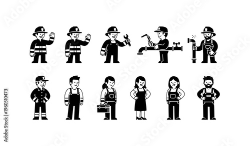 Firefighter and plumber icon set with simple flat silhouettes of male and female service workers vector