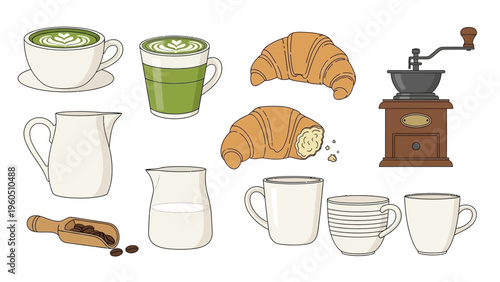 A collection of delicious breakfast items including croissants, coffee, and milk jugs, perfect for a morning meal