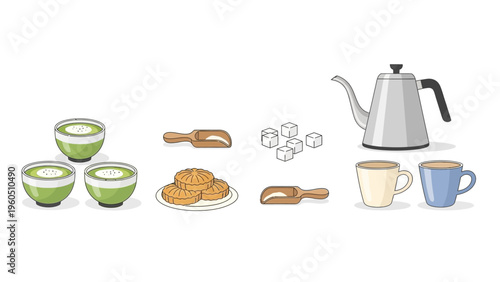 Matcha tea ceremony set with teapot, cups, sugar cubes, and tea scoops