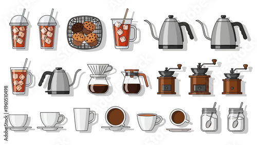 Collection of coffee-making tools, beverages, and snacks, perfect for cafe and food businesses