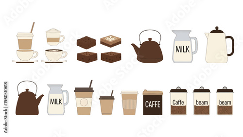 Collection of coffee shop icons, including cups, desserts, teapots, and milk jugs