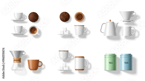 Collection of beverage containers and snacks, including coffee cups, tea cans, and cookies