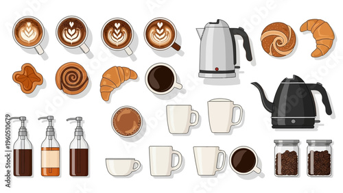 Collection of coffee, tea, and pastry items for breakfast and cafe settings
