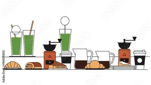 Flat design illustration of coffee and pastry shop with beverages and baked goods