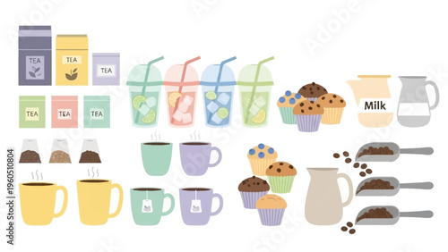 A vibrant collection of beverages and baked goods, showcasing tea, coffee, iced drinks, and muffins