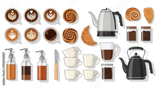 Various coffee and bakery items arranged in a flat lay composition, including drinks, pastries, and kitchenware