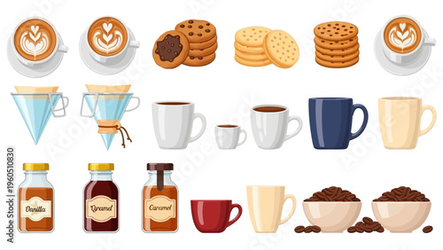 A visually appealing collection of coffee and cookie-related illustrations, perfect for cafes and bakeries