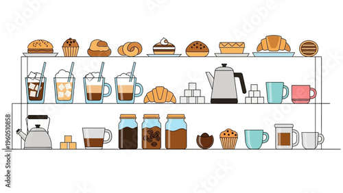 Illustrated display of various pastries, coffee drinks, and beverages on shelves