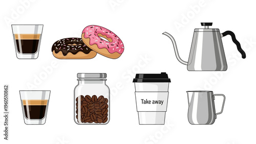 Coffee and Donut Collection Espresso, Beans, Pour Over Kettle, Takeaway Cup, Milk Pitcher, and Jar