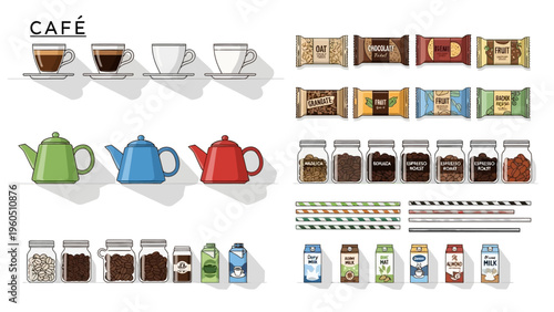 Collection of coffee and tea related items including cups, teapots, jars, and packaging designs