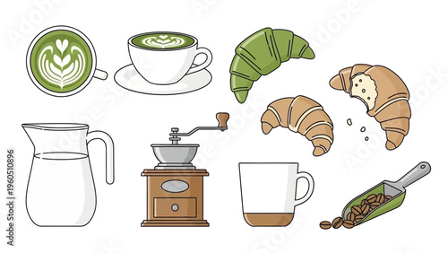 Various coffee items and pastries including a jug of milk, coffee grinder, cup of matcha latte, croissants, coffee cup, and scoop of coffee beans