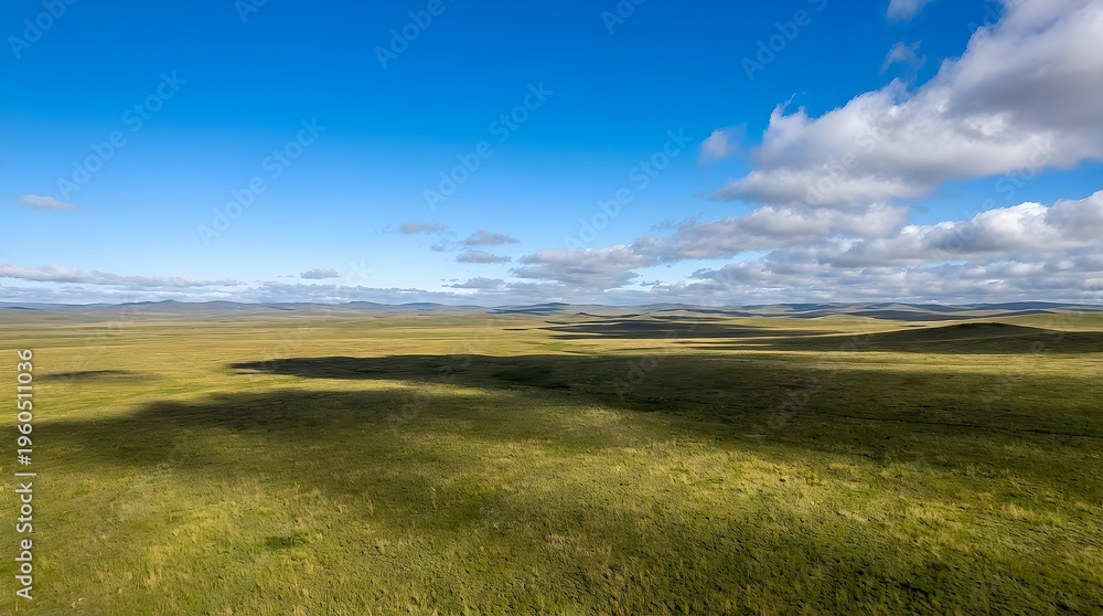Obraz premium Expansive Green Rolling Hills Landscape Under Dynamic Blue Sky with Moving Cloud Shadows