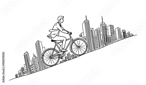 Startup concept sketch businessman riding bicycle uphill city growth vector illustration
