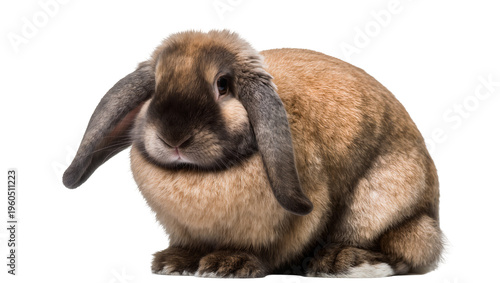 фотографія Adorable fluffy brown and black lop-eared domestic rabbit sitting calmly, isolat
