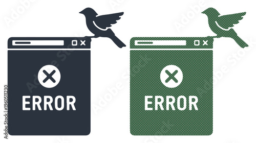 Digital error messages with birds perched atop, symbolizing communication issues or alerts.
