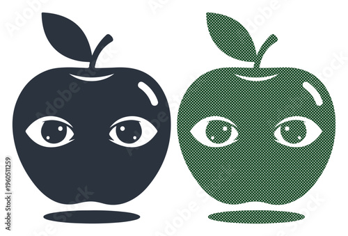Two stylized apples with eyes, one dark and one green, representing contrast and perception.