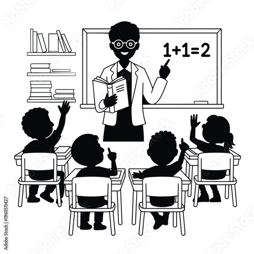 School teacher with pupils interactive learning flat style illustration.