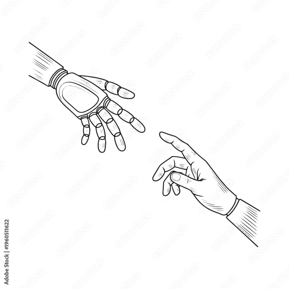 Obraz premium A human hand and a robot mechanical hand touching fingers, artificial intelligence, and futuristic technology integration vector