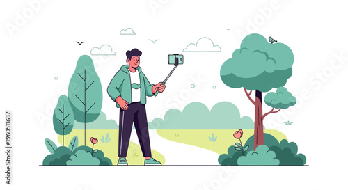Man taking selfie with monopod in park, flat design illustration