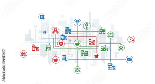 Healthcare Network Map: Pharmacy, Hospital, Clinic Connections in Cityscape