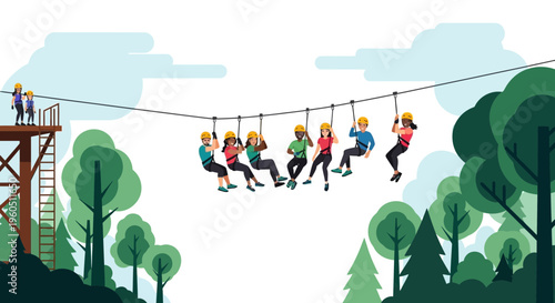Diverse group of people ziplining through a forest on a sunny day, adventure and fun