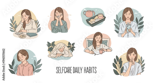 Selfcare Daily Habits: Woman's Routine Illustrations - Relaxing, Eating, Phone Use, Contemplation
