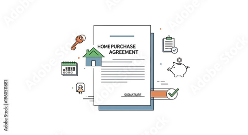 Home Purchase Agreement: Buying a House, Signing Contract, Key, Piggy Bank, Calendar & Checklist