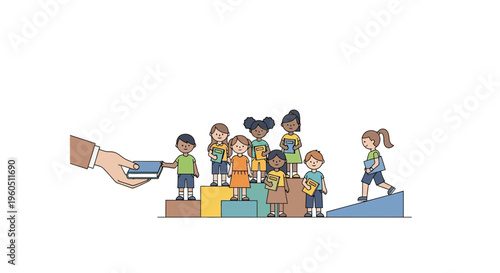 Diverse children on colorful steps receiving books from a hand, education concept