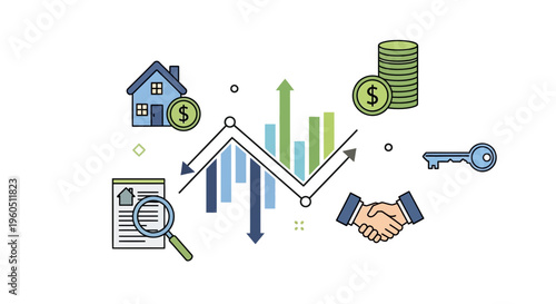 Real Estate Market Growth Chart with House, Money, Key, Magnifying Glass, Handshake