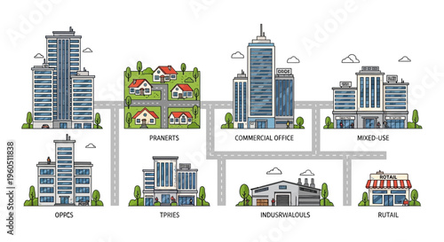 Cityscape Development Types: Residential, Office, Retail, Commercial, Industrial Buildings