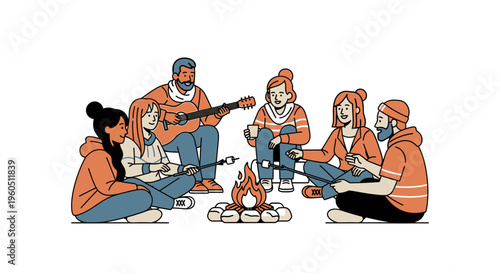 Diverse friends gathered around a campfire, playing guitar and roasting marshmallows, illustration