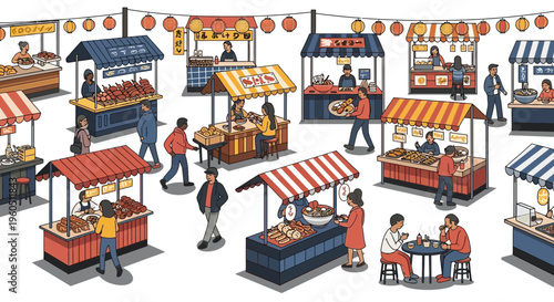 Diverse people enjoying food stalls at a vibrant outdoor market, street food festival.