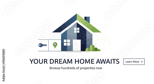 Dream Home Illustration: House, Key, Map Pin, and Text "Your Dream Home Awaits"