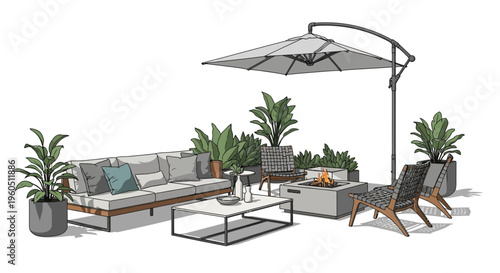 Modern outdoor patio furniture set with fire pit, sofa, chairs, umbrella, and plants