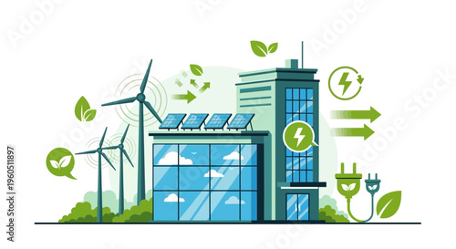 Eco-friendly building with wind turbines and solar panels, green energy concept