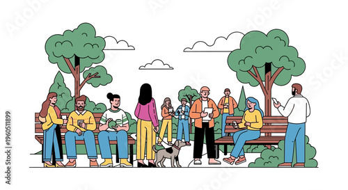 Diverse group of people relaxing and socializing in a park on a sunny day
