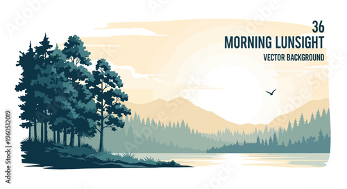 Serene Mountain Lake at Sunrise with Pine Forest, Vector Landscape