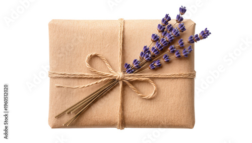 Tablou pe pânză Brown kraft paper gift box tied with natural jute twine and purple lavender spri