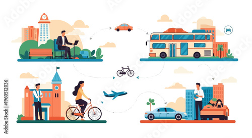 Urban mobility and transportation illustration: diverse vehicles, city life, sustainable commute