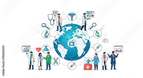 Global Healthcare Network: Doctors and Medical Icons Around a Digital Earth Globe