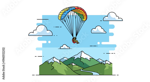 Paraglider soaring above snowy mountains and clouds, flat design illustration