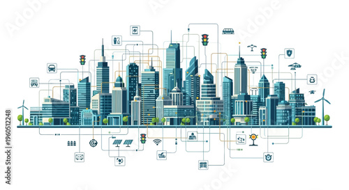 Smart City Network: Futuristic Urban Skyline with IoT Connectivity and Technology Integration