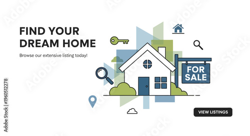 Find Your Dream Home: House for Sale with Key and Magnifying Glass Icons