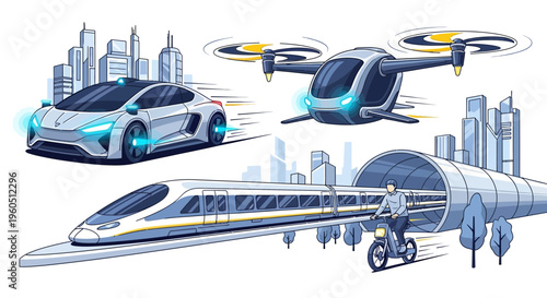 Future Transportation: Autonomous Car, Drone Taxi, High-Speed Train, and E-Bike in Futuristic City