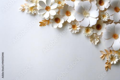 Elegant Arrangements of Paper Flowers in White and Gold on a Soft Gray Background