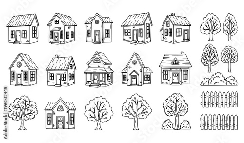Hand drawn village house and nature element sketch set isolated on white background vector collection