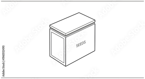 Isometric line art illustration of a minimalist seed storage box container for gardening