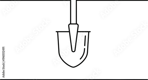 Minimalist garden tool line art icon depicting a shovel for digging earth work activity