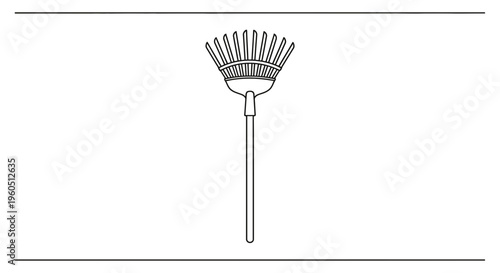 Simple line drawing illustration of a fan-shaped garden rake, essential for efficient yard cleanup