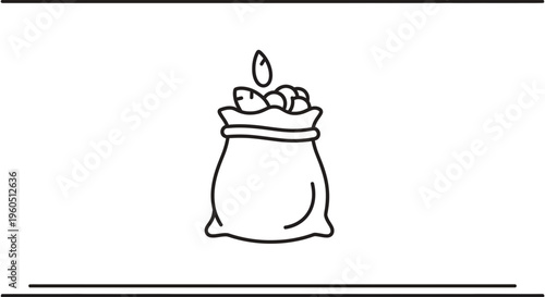 Minimalist black line art depiction of a sack overflowing with harvest seeds and grains for